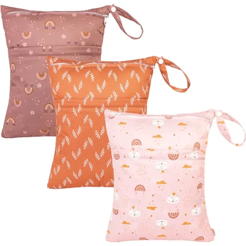 babygoal Wet Dry Bags for Baby Cloth Diapers, Washable Travel Bags, Beach, Pool, Gym Bag for Swimsuits & Wet Clothes with Two Zippered Pockets 3 Pack, 3LN15