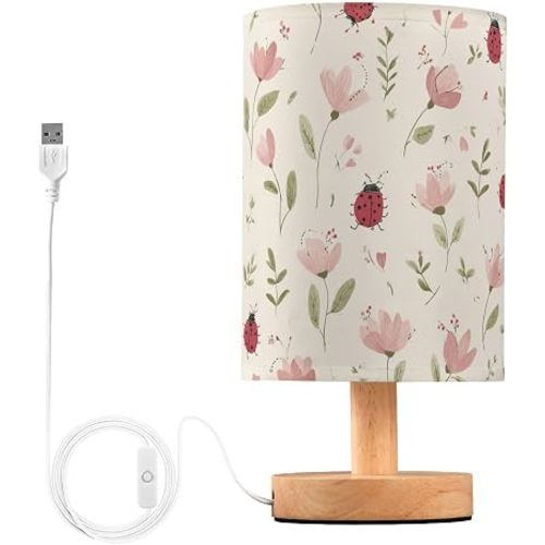 Ladybugs Pastel Pink Blossom Bedside Table Lamp Small Desk Lamps Linen Fabric Shade Decorative Nightstand Lamp LED with USB Port Wood Base for Bedroom Living Room