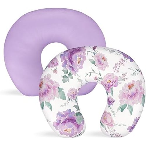Nursing Pillow Cover 2 Pack, Stretchy Breastfeeding Pillow Cover, Removable Feeding Pillowcase for Newborn, Ultra Soft Nursing Pillow Slipcover for Baby Girls Boys, Purple Floral