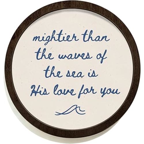 SkyCozy Vintage Christian Inspirational Wall Art Decor, Mightier Than the Waves of the Sea Bible Verse Scripture Round Wooden Hanging Wall Decor for Home Bedroom Living Room, 10x10 Inch
