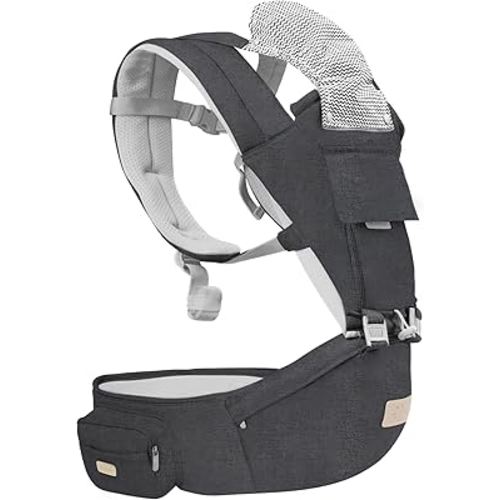 FRUITEAM 6-in-1 Baby Carrier with Waist Stool/Hip Seat, One Size Fits All -Adapt to Newborn, Baby Hip Carrier for Breastfeeding, Infant & Toddler, Dark Grey
