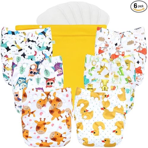 wegreeco Cloth Diapers 6 Pack with 6 Inserts & 1 Wet Bag, Washable Cloth Diapers for Babies, One Size Adjustable Reusable (Bright Animals)