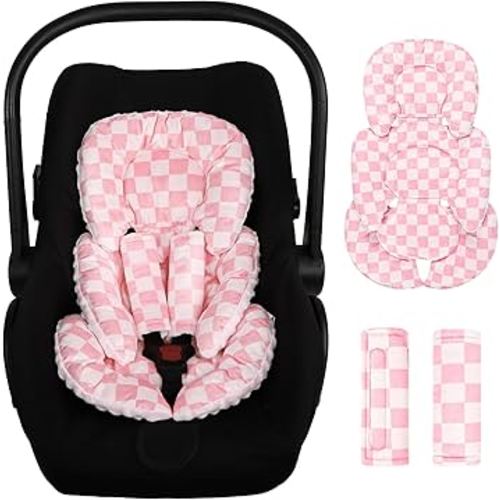 Infant Car Seat Insert Cushion, Baby Car Seat Head Body Support for Girls & Boys, Reversible Newborn Car Seat Insert with 2 Extra Strap Paddings, Premature Car Seat Cushion, Pink Checkerboard