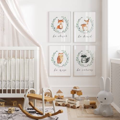 Woodland Nursery, Woodland Nursery Decor, Fox Deer Raccoon Owl, Woodland Animals, Woodland Nursery Creatures Be Brave Be Kind, ORIGINAL