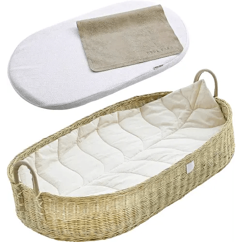 BEBE BASK Premium Baby Changing Basket - Artisan-Crafted Rattan with Extra High Sides - Wicker Changing Basket for Baby Dresser - All Accessories Included - Complete Set for Nursery (Rattan)