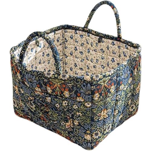 Quilted Fabric Storage Basket with Handles – Boho Foldable Floral Organizer Bin for Home, Picnic, Shopping, Travel 13"x11"x10" (Olive Floral)
