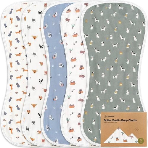 5-Pack Muslin Burp Cloths Baby Boy, Girl - Very Absorbent Baby Burp Cloth Rags, 8-Layers Viscose Derived from Bamboo Cotton Muslin Towel, Super Soft Spit Up Rags, No Shrink Washcloths (Pets & Paws)