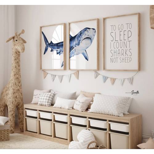 Shark Nursery Art Prints: Watercolor Ocean Theme, 'Count Sharks' Quote