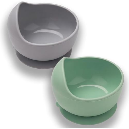 EKOSELA-Silicone Suction Scooper Bowl - High Edge for Self Feeding 2SET (Light Green + Grey)