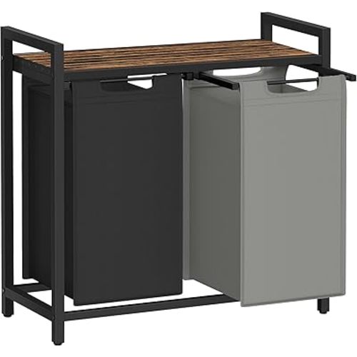 VASAGLE Laundry Hamper, Laundry Basket, Laundry Sorter with 2 Pull-Out and Removable Bags, Shelf, Metal Frame, 2 x 12.1 Gallons (46 L), 28.8 x 13 x 28.4 Inches, Bicolor and Rustic Brown UBLH201X01