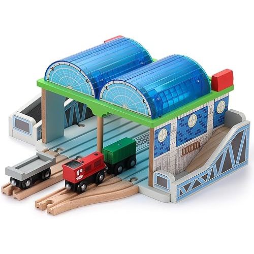 SainSmart Jr. Wooden Train Track Accessories - Premium Train Station with Double-Track Tracks and Conveyor Belt Fit for All Major Brands, Ideal Gift for Aged 3+