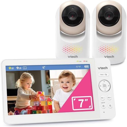VTech 2-Cameras Video Baby Monitor with 7" Color LCD Screen, Rechargeable Battery, Video and Audio Streaming, Pan-Tilt-Zoom, Touch Multi-Color Night Light, Two-Way Talk: Advanced Max Twin (Tan)