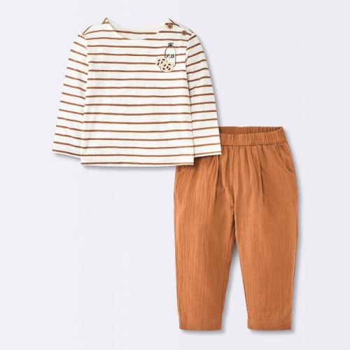 Baby Striped Milk N' Cookies Long Sleeve and Pants Set - Cloud Island™ Brown 0-3M