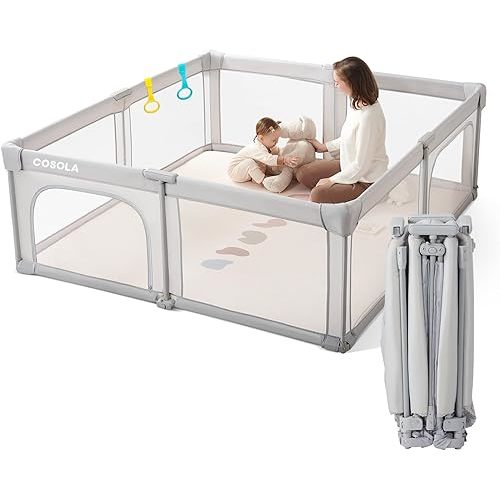 Baby Playpen Portable, Pre-Assembled Play Pen 71x79 Large Foldable Playpen for Babies and Toddlers, Sturdy and Safe Toddler Playpen Indoor Outdoor with Carry Bag, Grey