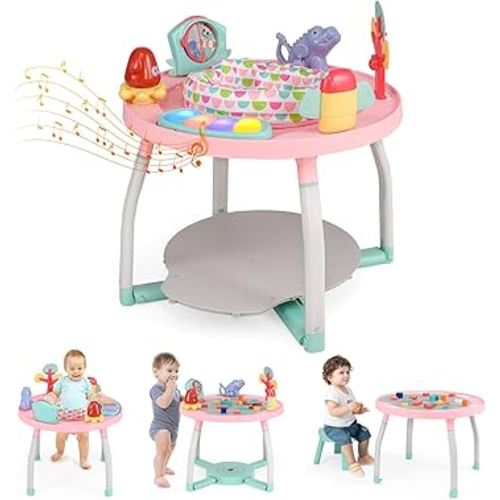 BABY JOY 5 in 1 Baby Activity Center, Baby Jumpers and Bouncers with Removable Toys, Lights & Music, 3 Adjustable Heights, Interactive Play Center for Toddlers Boys Girls 6-36 Months (Pink)