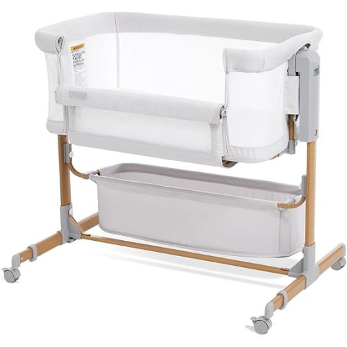 Baby Bassinet Bedside Sleeper, 3-in-1 Rocking Bassinet for Baby with 6-Level Height Adjustable, 4 Wheels & Breathable Mesh Walls, Portable Bedside Bassinet with Mattress for Newborn