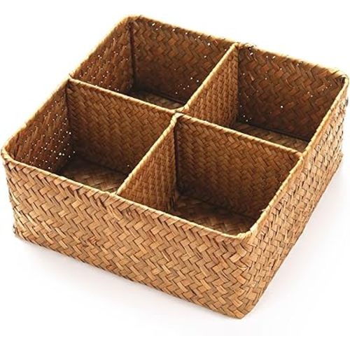 Woven Seagrass Storage Basket with 4 Divided Sections, Wicker Basket Bin Box Organizer for Countertops/Closet/Shelf/Dresser