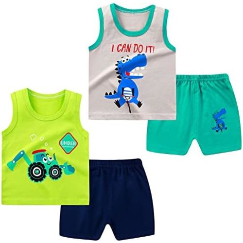 Toddler Boys 4 PCS Tank Top and Shorts Set Cotton Sleeveless Shirts and Shorts Summer Outfits