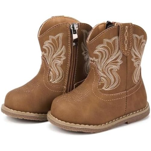 Newsonet Baby Cowboy Cowgirl Boots Infant Western Boots Toddler Boys Girls Round Toe Riding Mid Calf Boots All Seasons for 6 9 12 18 24 Months