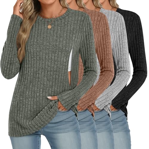 Velvelhall 4 Pack Women Nursing Shirts Breastfeeding Long Sleeve Tops Thermal Sweaters with Hidden Zipper Ribbed Maternity