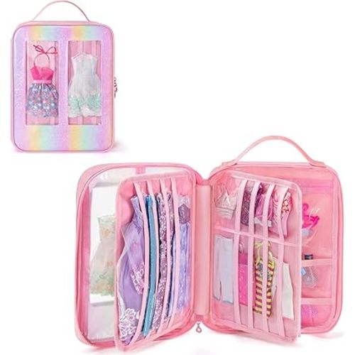 Carrying Case Compatible with Barbie Clothes, Doll Accessories Organizer Bag, 2 Front Transparent Windows, 2 Binders with Several Storage Pockets, Extra Pockets for Doll Stuff, Pink, Case Only