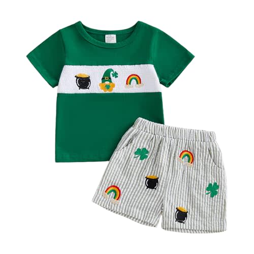 Baby Boy St Patricks Day Outfit Shamrock Rainbow Embroidery Short Sleeve Tops Stripe Shorts Set Toddler Summer Clothes