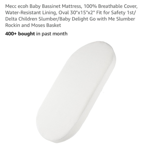 Mecc ecoh Baby Bassinet Mattress, 100% Breathable Cover, Water-Resistant Lining, Oval 30"x15"x2" Fit for Safety 1st/ Delta Children Slumber/Baby Delight Go with Me Slumber Rockin and Moses Basket