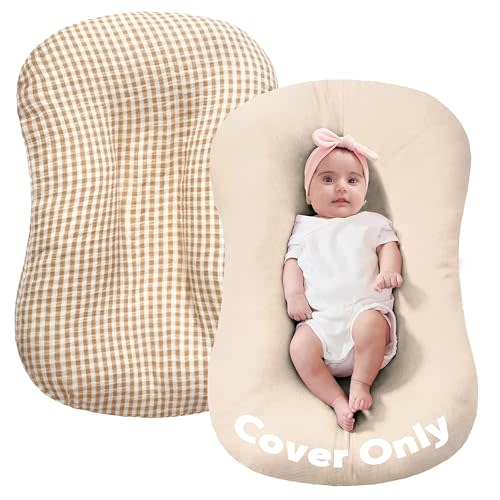 FUNUPUP Muslin Baby Lounger Cover Only, Beige & Plaid | 100% Muslin Cotton Soft Breathable Easy On/Off Envelope Closure Machine Washable Easy-Clean Protector Neutral Colors