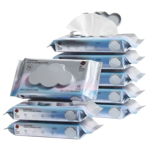 Bc Babycare 8 Packs Baby Wipes Flushable,Hypoallergenic,Fragrance Free,Plant-Based,336 Wipes,8 Packs