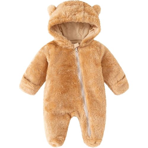 Baby Winter Romper Fleece Snowsuit with Footed Design, 0-18 Months
Soft hand fleece, bear ears hood, fold cuffs, footed zipper suit keeps baby warm in cold weather.