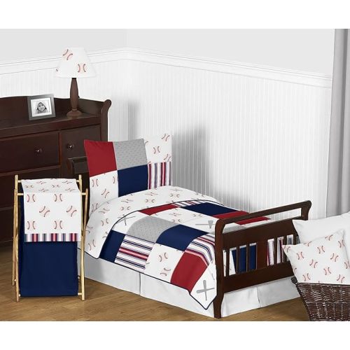 Sweet Jojo Designs Red, White and Blue Baseball Patch Sports Boy Toddler Kid Childrens Bedding Set - 5 Pieces Comforter, Sham and Sheets - Grey Patchwork Stripe