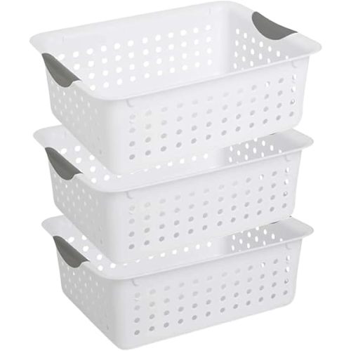 Sterilte 3-Pack Medium Ultra Basket, Open Top Plastic Storage Bin Organizer, White - Classic Baskets for Organizing Countertops, Pantry Shelves, Kitchen Cabinets, Laundry Rooms or Home Offices