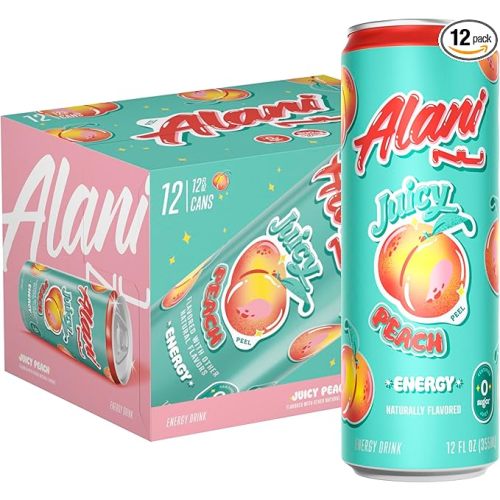 Alani Nu JUICY PEACH, Sugar Free, Low Calorie Energy Drinks, 200mg Caffeine, Biotin, B Vitamins, Zero Sugar, 10 Calories, 12 Fl Oz Cans, 12 Pack