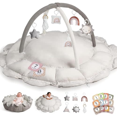 Little Dove 5-in-1 Convertible Baby Play Gym with 6 Toys, Tummy Time Mat for Sensory Development, Baby Activity Center from Newborn to Toddler, Ball Pit, Soft Plush Pet Mat, No Ball Included Grey