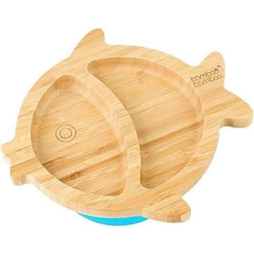 Bamboo Baby Plate with Suction - Kids and Toddler Suction Cup Plate for Babies, Non-toxic All-Natural Bamboo Baby Food Plate Stays Cool to the Touch for Baby-Led Weaning (Fish-Blue)