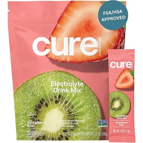 Cure Hydration | Plant-Based Electrolyte Drink Mix | No Added Sugar | FSA-HSA | Dehydration Relief Powder Made with Coconut Water | Non-GMO | Vegan | Pouch of 14 Packets - Strawberry Kiwi