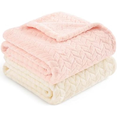 KeaBabies Soft Fleece Baby Blanket for Girls,Boys (2pk Serene, Cream/Blush)
