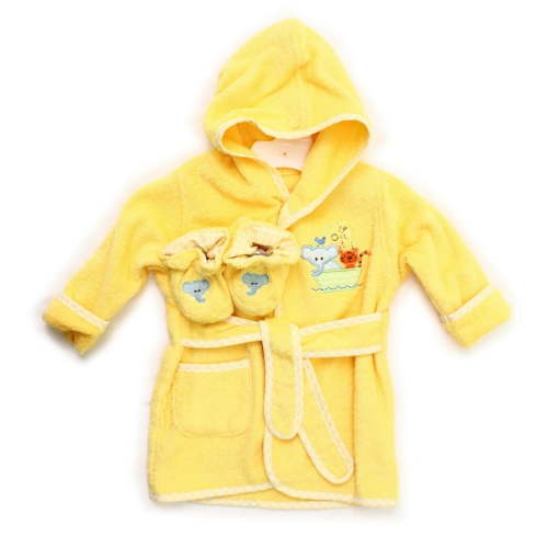 Spasilk 100% Cotton Hooded Terry Bathrobe with Booties, Yellow Ark, 0-9 Months