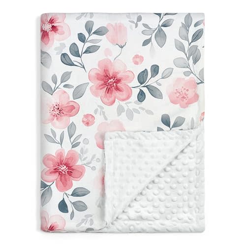 Floral Minky Baby Blanket 30 x 40 Inches for Boys Girls, Soft Plush Receiving Blanket with Dotted Back, Gift for Toddler Newborn Infant Christmas Birthday Baby Shower