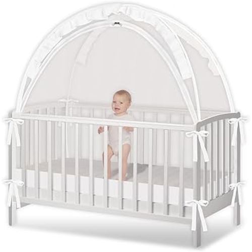 Crib Tent - Crib Net to Keep Baby in, Stop Baby from Climbing Out of Crib, Pop Up Crib Tent with Durable Breathable Net Double Zipper Strong Rods Installation Convenience