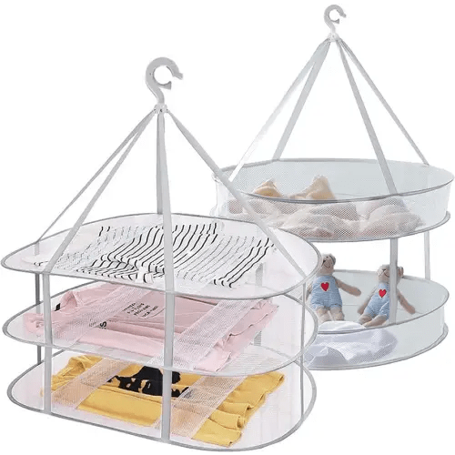 2Pcs Foldable Clothes Drying Rack Large Hanging Laundry Drying Rack Lay fold Flat Dry Hanger Windproof Sweater Drying Rack Flat Mesh Design-2Tier+3Tier