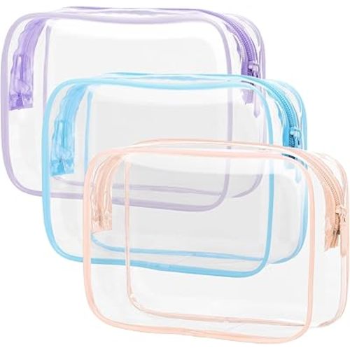 TSA Approved Toiletry Bag 3 Medium - Quart Size Clear Makeup Bag for Carry On, Airport Security Compliant Clear Travel bag for Toiletries with Reinforced Seams, Blue Purple Pink