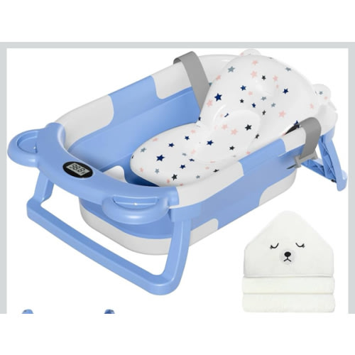 MoreFeel Collapsible Baby Bathtub for Newborn with Thermometer & 1 Hooded Towel & 1 Soft Floating Cushion,Portable Travel Bathtub with Drain Hole, Durable Foldable Baby Tubs for Infants to Toddler