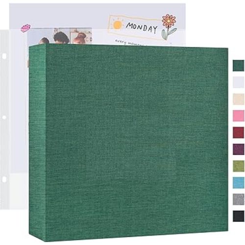 Mublalbum 12x12 Inch Large 3 Ring DIY Scrapbook Photo Album with 40 Plastic Sleeves 80 Pages Linen Cover Folder Binder for Baby Travel Wedding Couple Anniversary and DIY Projects (Dark Green)