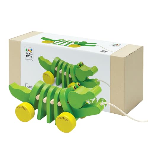 PlanToys® Dancing Alligator Pull Toy for Toddlers | Eco-Friendly Wood Toy with Click-Clack Sound | Walking Toy for Babies | sound motion, toddler pull toys, animal design, girls, boys, gross motor cause & effect early learning gift for kids idea