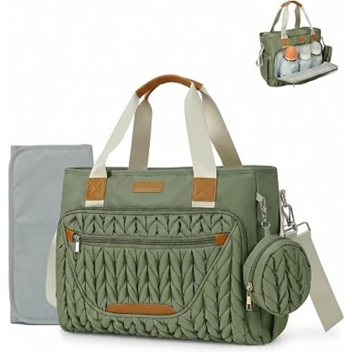 FHELAD Diaper Bag Tote for Women, Baby Bag with 15.6 Inch Laptop Compartment, with Insulated Pocket for Toddler & Newborn (Sage Green)