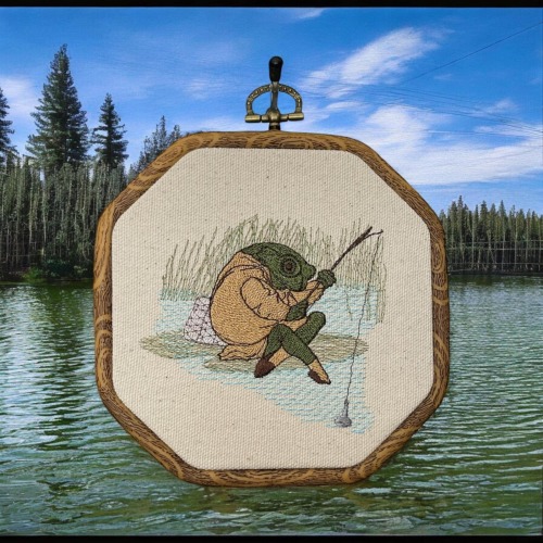 Frog Fishing Finished Embroidery Hoop Wall Hanging, Embroidered Decor, Cottagecore Wall Art, Wind and the Willows,Frogs,Frog Art, Frog Decor