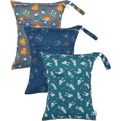 ALVABABY 3pcs Cloth Diaper Wet Dry Bags Waterproof Reusable with Two Zippered Pockets Travel Beach Pool Daycare Soiled Baby Items Yoga Gym Bag for Swimsuits or Wet Clothes 3L-ZM31
