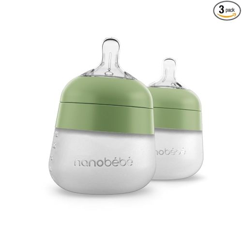 Nanobebe Flexy Silicone Baby Bottle, Anti-Colic, Natural Feel, Non-Collapsing Nipple, Non-Tip Stable Base, Easy to Clean 2-Pack, Sage, 5 oz