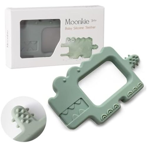 Moonkie Teething Toy, Safe & Easy to Hold BPA Free Silicone Baby Soothing Teethers, Prevent Finger Sucking Teether Toys Best for Babies 0-6 6-12 Months (Crocodile Sage)